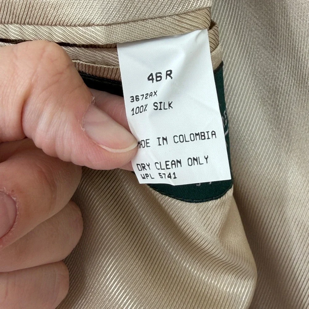 Oscar de la Renta Mens 46R Blazer Sport Coat 100% Silk Tan Beige 2 Button Jacket